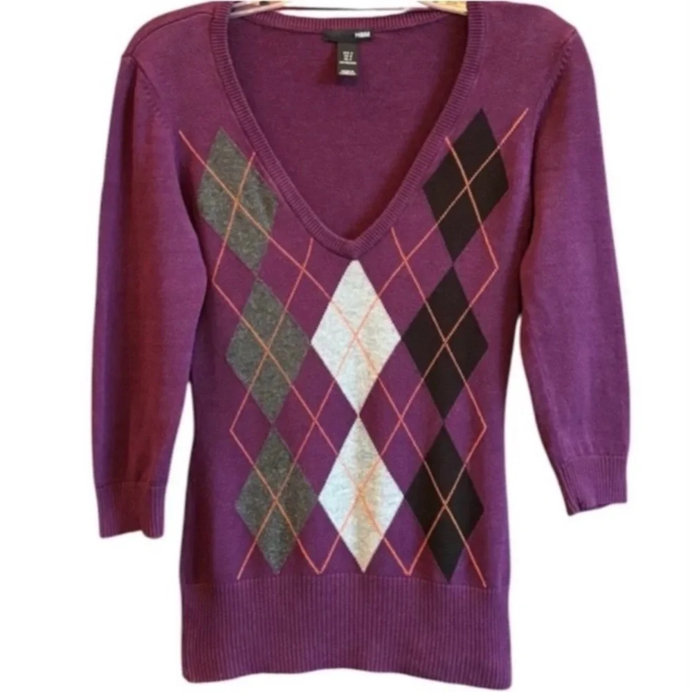 Vintage Argyle Sweater Knit 90s Y2K Pattern V-Neck Jumper Purple Gray Size Small